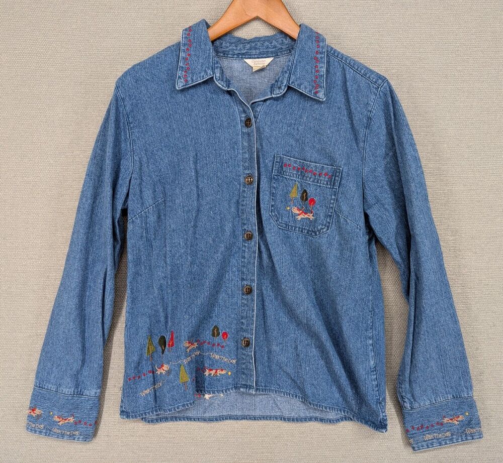 Christopher & Banks Blue Denim Shirt Medium Walk The Dog Embroidered -1124G118